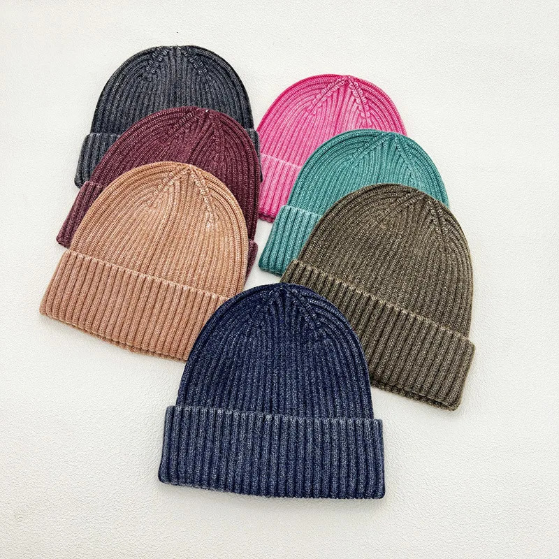 Retro mens wash knitted hat womens fashion simple warm skull bean retro solid autumn winter bean hat 241205