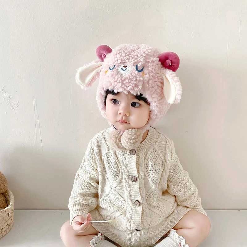 Sheep Baby Plush Hat Winter Thick Cashmere Bean Hat Baby Boys and Girls Cute Warm Children Ear Protection Hat W241213