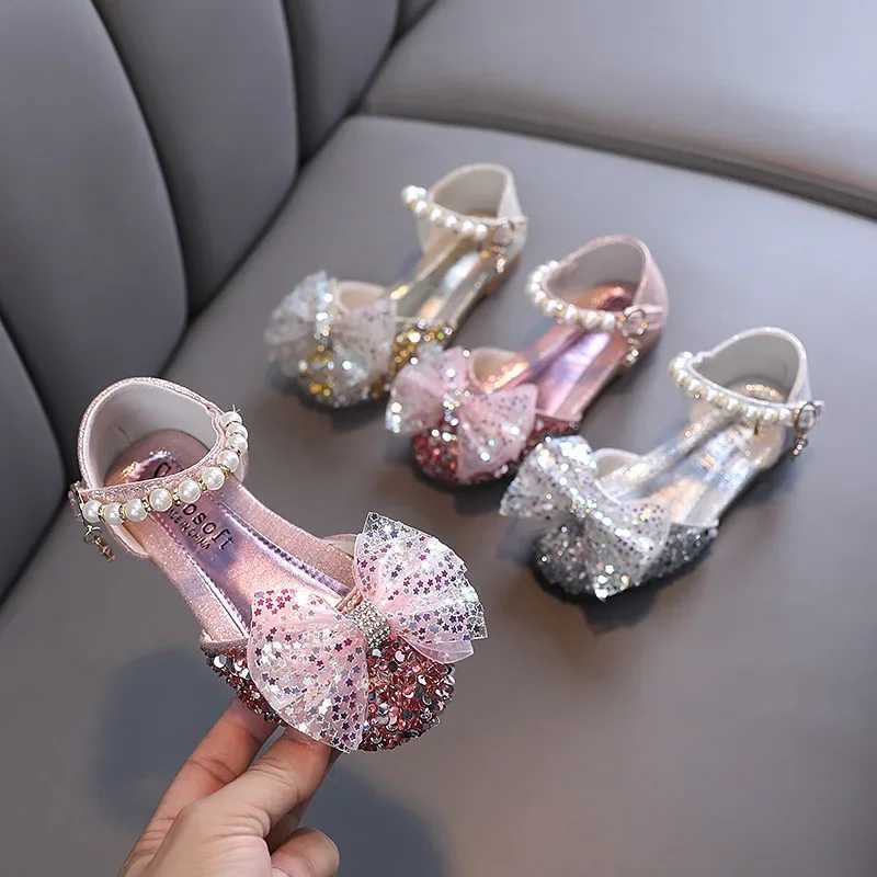 Sandals Sweet Girl Princess Sandals Fashion Rhinestone Pearl Bow Baby Shoes Kids Party Children Dance Little Girls Leather Shoes H06267 H241213
