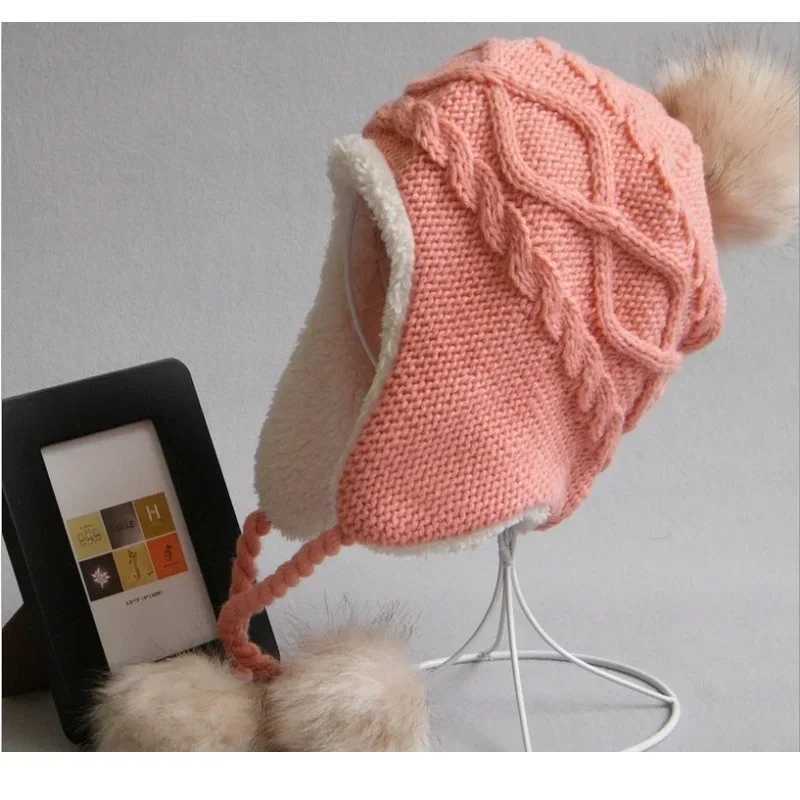 Baby girl warm hat 1-8 year old Pom hat red white pink winter knitted ear protection Beanies childrens accessories W241213