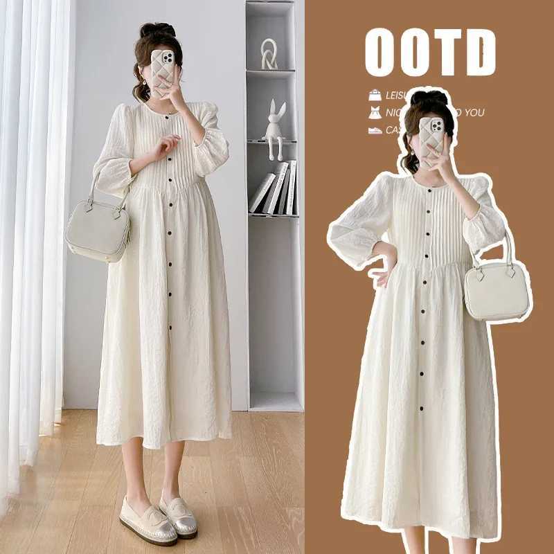 2025 spring materni fashion loose dress long sleeve o-neck plus size pregnant woman a-line dress button fly pregnancy clothesXJ241213