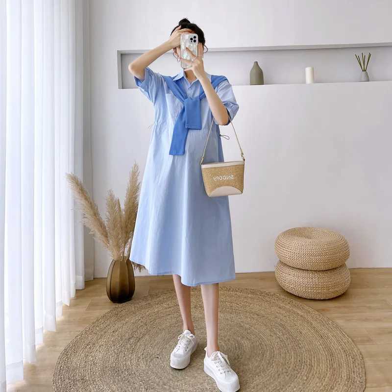 Pregnant Women Dresses Materni Lapel Dress Pregnancy Solid Color Loose Knee A Skirt Female Girls Summer ClothesXJ241213