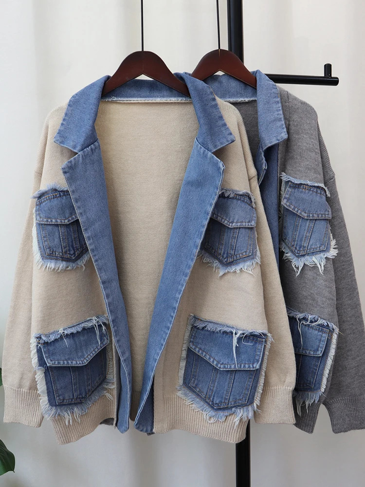 GVUW niche n denim jacket womens lapel splicing knitted open seam full set 2024 clothing 17G8260 241211