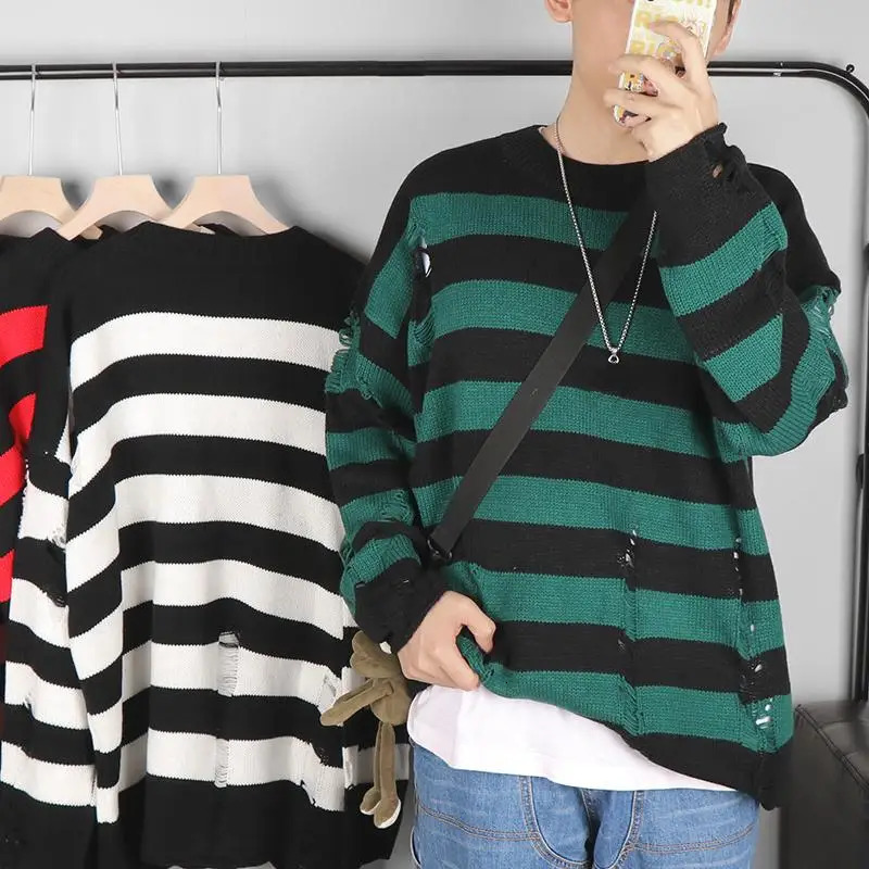 Black Stripe Sweaters Destroyed Ripped Sweater Men Pullover Hole Knit Jumpers Oversized Sweatshirt Harajuku Long Sleeve Tops 241213