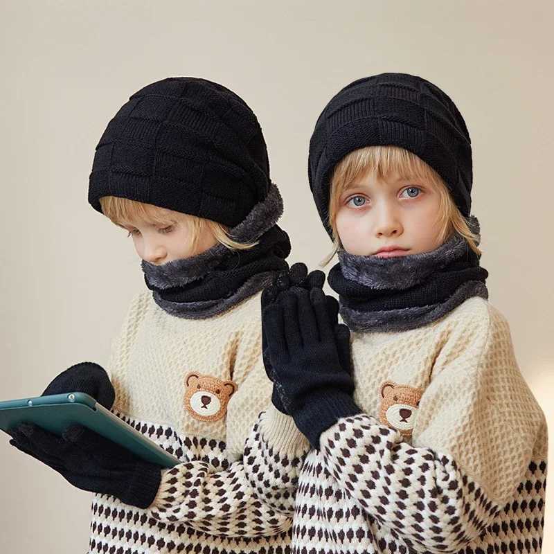 3-piece winter childrens hat glove scarf set neck warm five finger gloves plus velvet knitted hat childrens and boys accessories W241213