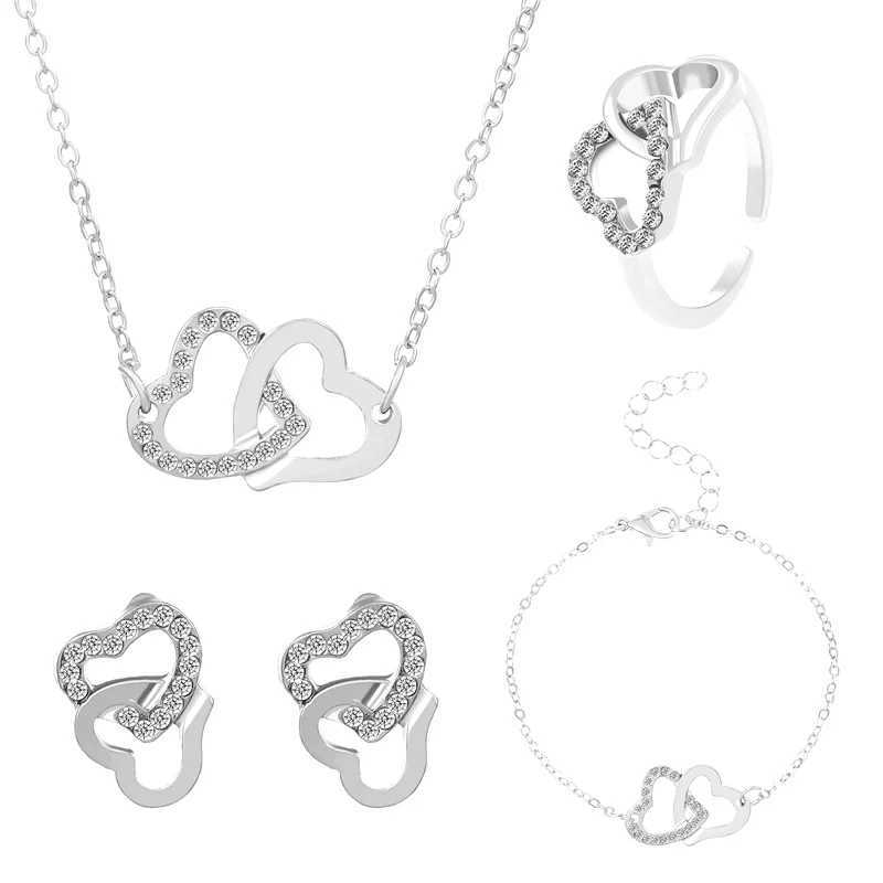 5PCS/Set Heart Shed Jewelry Sets Of Ring Earrings Necklace For Women Elegance Rhinestone Double Heart JewelryXJ241214