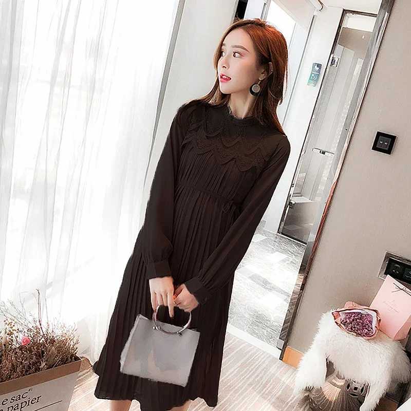 9310# Autumn Korean Fashion Pleated Chiffon Materni Long Dress Loose Straight Clothes for Pregnant Women Pregnancy ClothingXJ241213