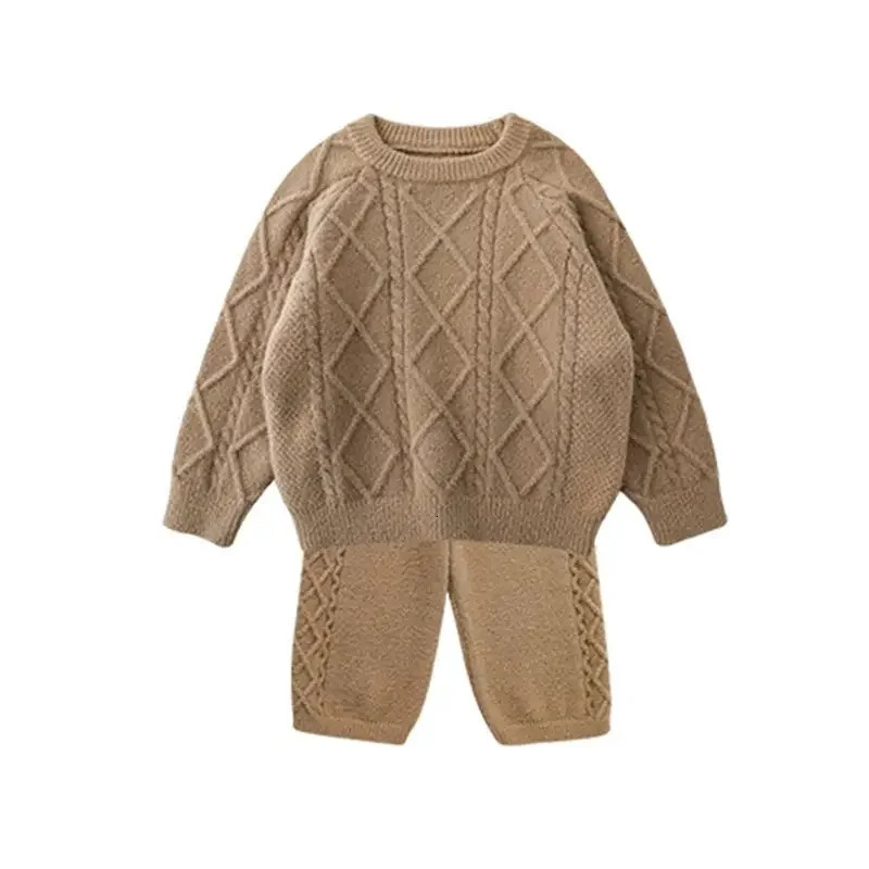 Girls Twisted Flower Clothing Set Knitting Wool Suit Vintage Autumn Winter Baby Boy Two Piece Suit Sweater Pants 241213