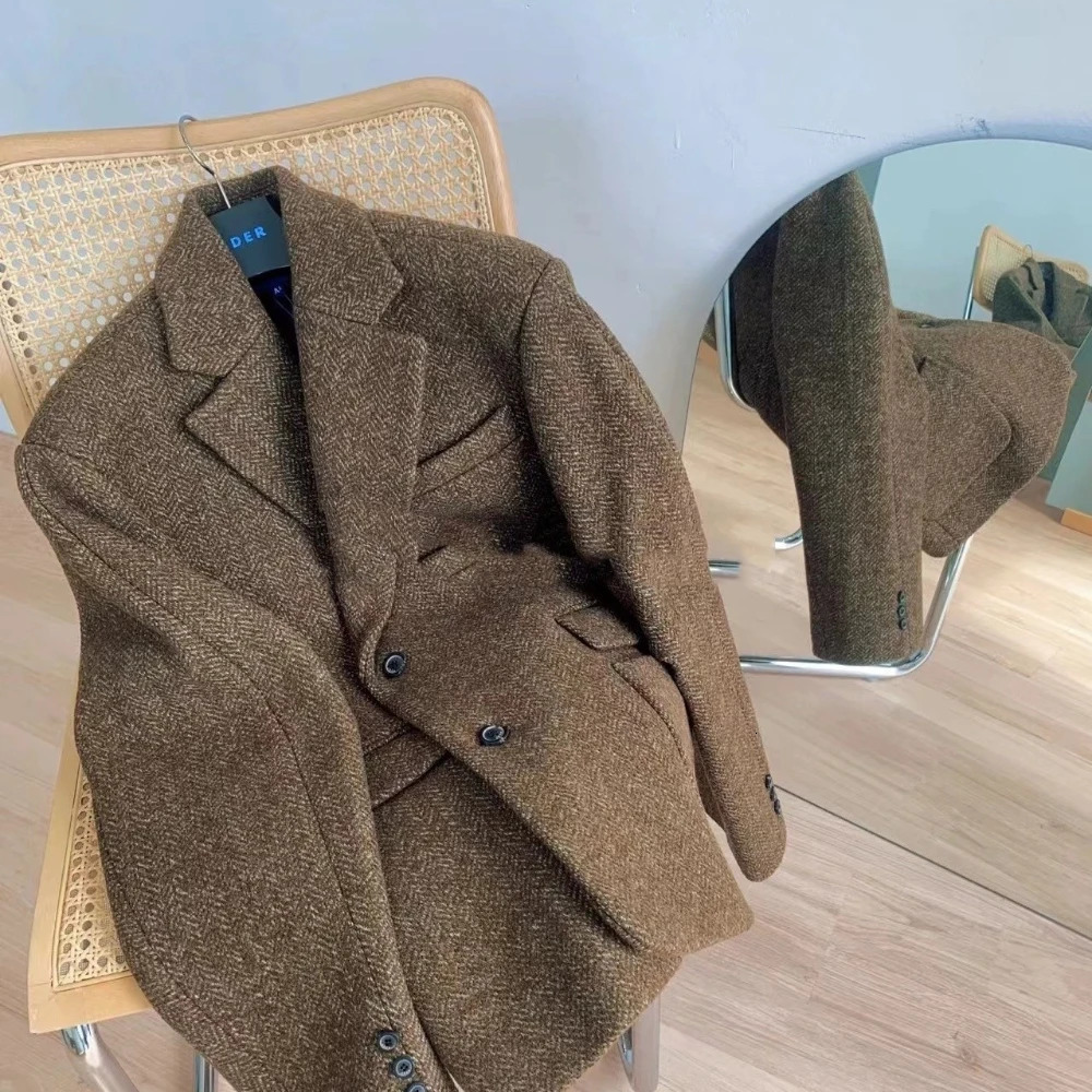Womens Blazer Wool Blend Trench Woolen Pocket Jacket Fashion V Neck Long Sleeve Coat Female Fall Winter Chic Office Streetwear 241209