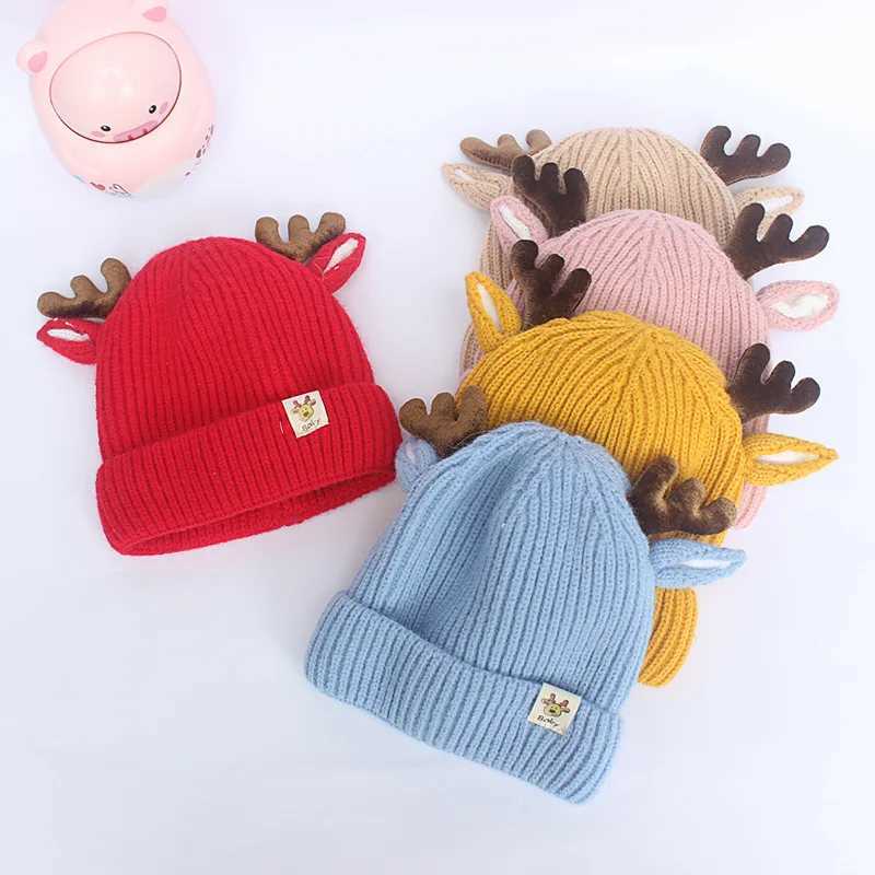 Cute reindeer antlers baby hat thick and soft cotton knitted boy and girl hats newborn deer ears Christmas hats W241213