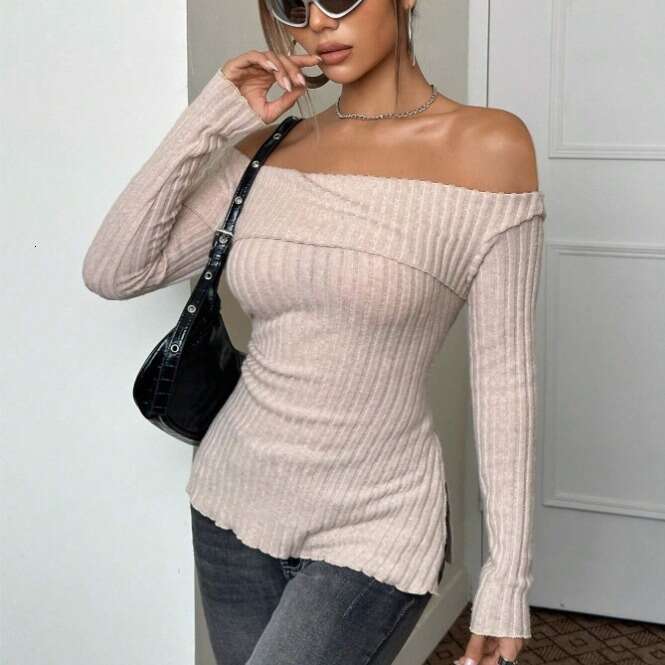 Hot selg European American 2023 autumn and winter new item solid color long sleeved one collar hem slit top for women