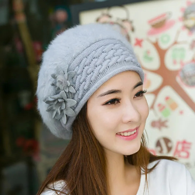 Floral Patchwork Elegant Ladies Knitted Hats Cap Autumn Winter Solid Color Female Fashion Skullies Beret Hat 241214