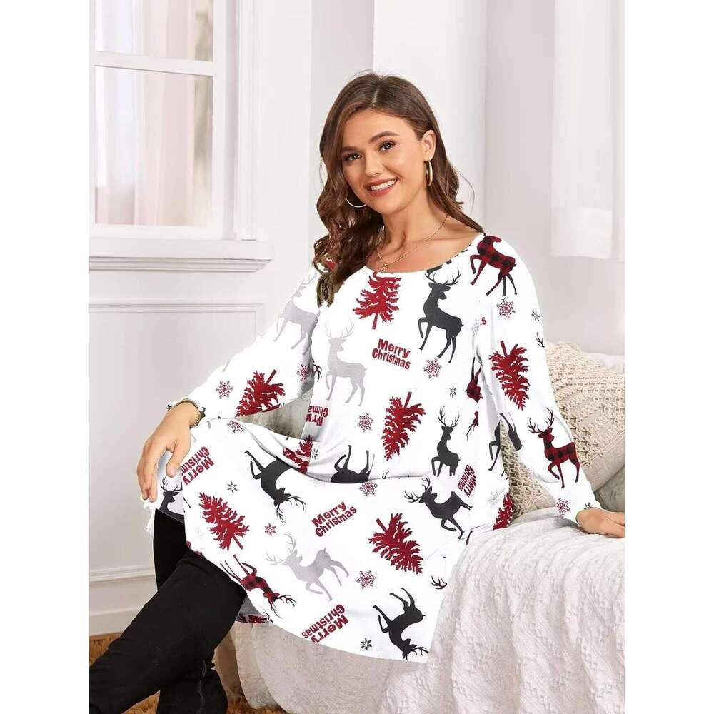 European American fashion Christmas print mid sleeve plus size women's 2024 new style chic and elegant clothing