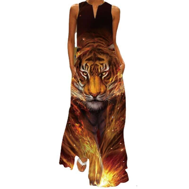 plug-in pocket European and American retro printed skirt V-neck multi-color long sexy sleeveless dress 2024 new casual versatile fashion clothing