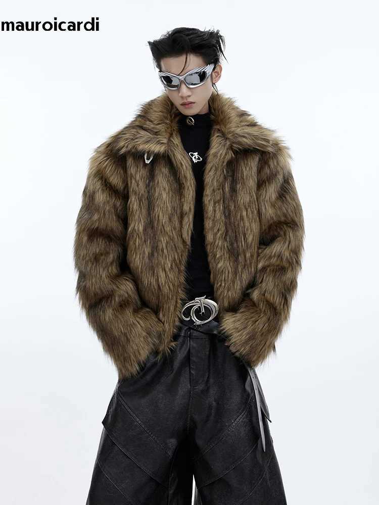 Mauroicardi winter short thick warm brown fur soft faux fur coat for men with a long sleeved fluffy jacket with a collar W241213
