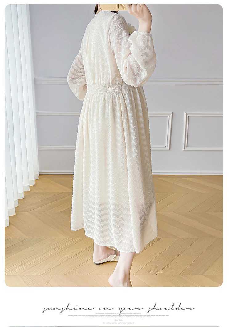 Materni Chiffon Dress Long Lantern Sleeve O-Neck High Waist Pregnancy Elegant Dress Solid Color Pregnant Woman Tassel DressesXJ241213