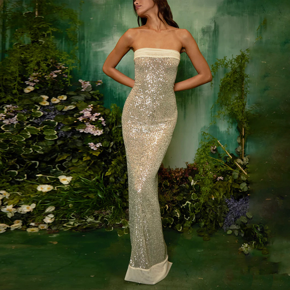 Designer Dress Fashionable And Sexy Spicy Girl Slim Fit Sequins High-end New Product Popular Backless Slit Strapless Dress