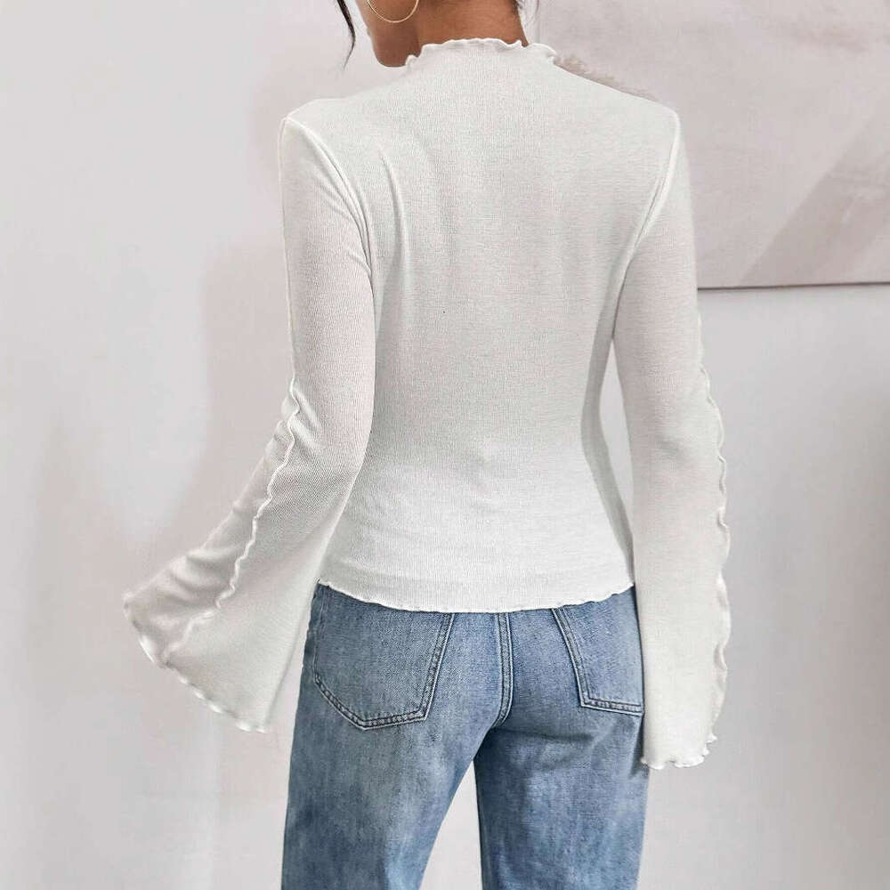 2024 Autumn Lotus Leaf Collar Bottom Shirt Hot Selg European and American Fashion Slanted Horn Sleeve Slim Fit Interior