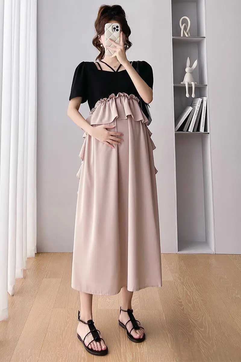 2025 Summer Pregnancy Dress Short Sleeve Square Collar Ruffles Patchwork Materni Chiffon Dress Plus Size Pregnant Women DressXJ241213