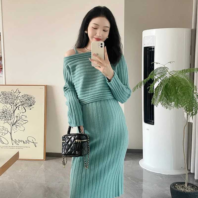 8040# Autumn Winter Knitted Materni Sweaters Dress Thick Warm Cover Sling Dress Sets Clothes for Pregnant Women Hot PregnancyXJ241213