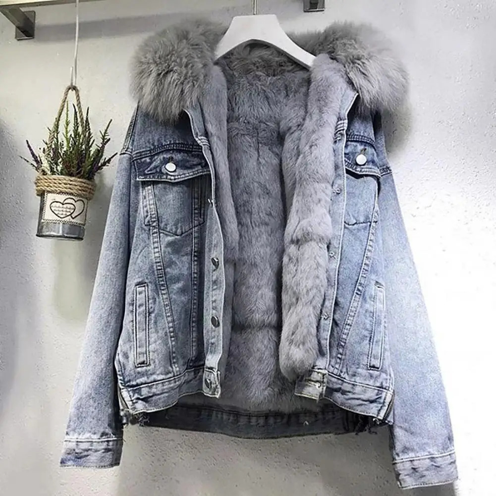 Winter womens coat faux fur retro hooded thick singlelayer warm open collar wool lapel pocket denim 241211