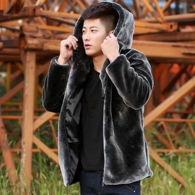 Mens winter warm faux fur mink jacket mens solid color casual soft plush fluffy hooded jacket outerwear W241213