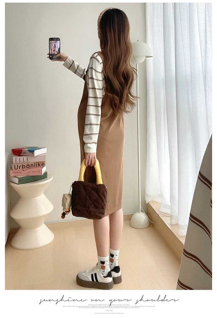 Korean Sle Materni Autumn Clothes Long Sleeve Striped Patchwork Pregnant Woman Knit Dress Fashion Pregnancy Faux Two PiecesXJ241213