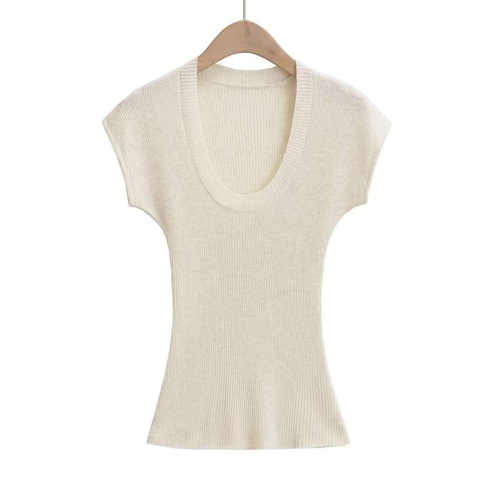 American INS summer U-neck solid color thin short sleeved top, women's stretch slim fit and slimming knit T-shirt, 2024 new casual fashion trend 