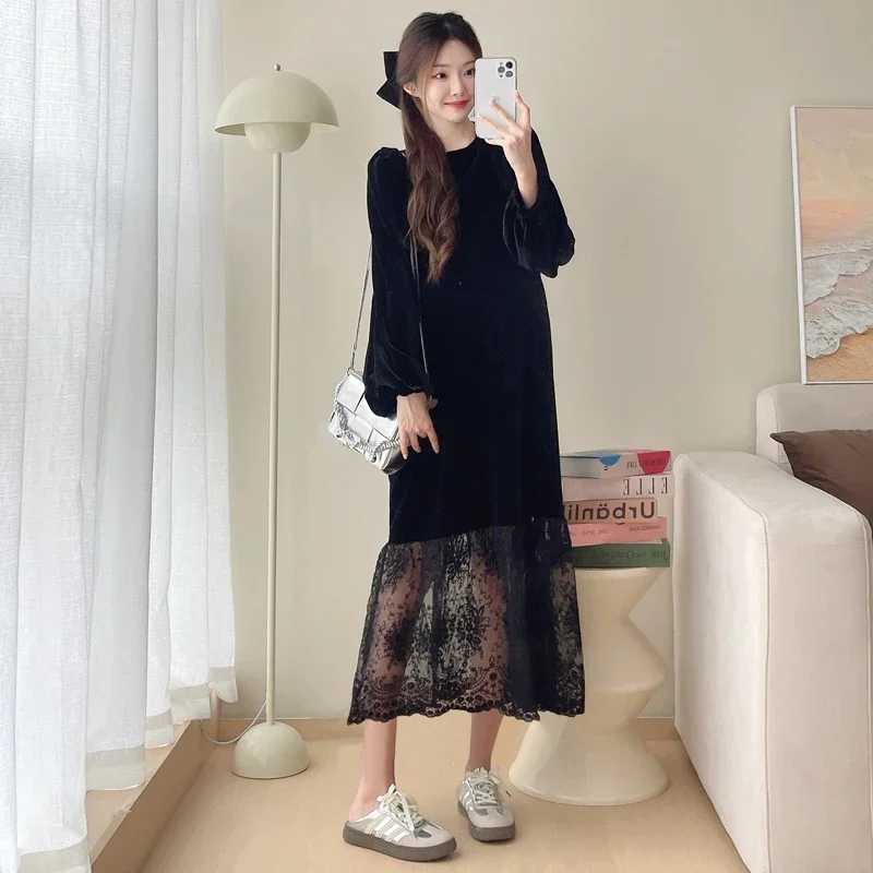 2025 Korean Sle Materni Par Dress Plus Size Long Sleeve O-neck Lace Patchwork Velour Dress Pregnant Woman Fishtail DressesXJ241213