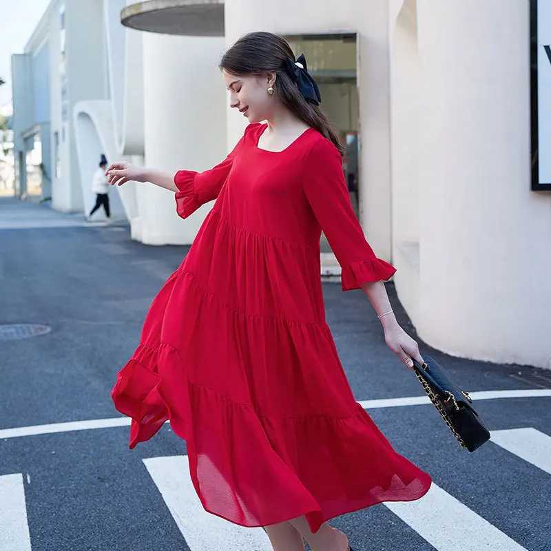 2024 New Women Solid Summer Materni Dresses Casual Half Sleeve Ruffle Bowknot Pregnant Clothes Backless Polyester Adult DressXJ241213