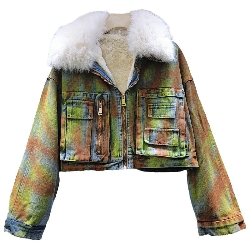 Fashion splicing large fur lapel long sleeved denim jacket womens winter thick zipper denim jacket autumn trendy 16O3165 241210
