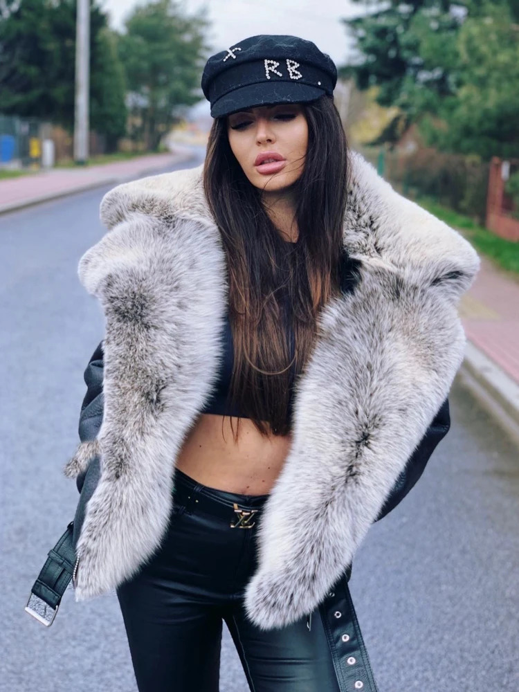 RR2830 Womens Retro Double sided Fur Lined Jacket Faux Fox Fur Collar Fluffy Warm Winter Coat Waist Leather Jacket 241210