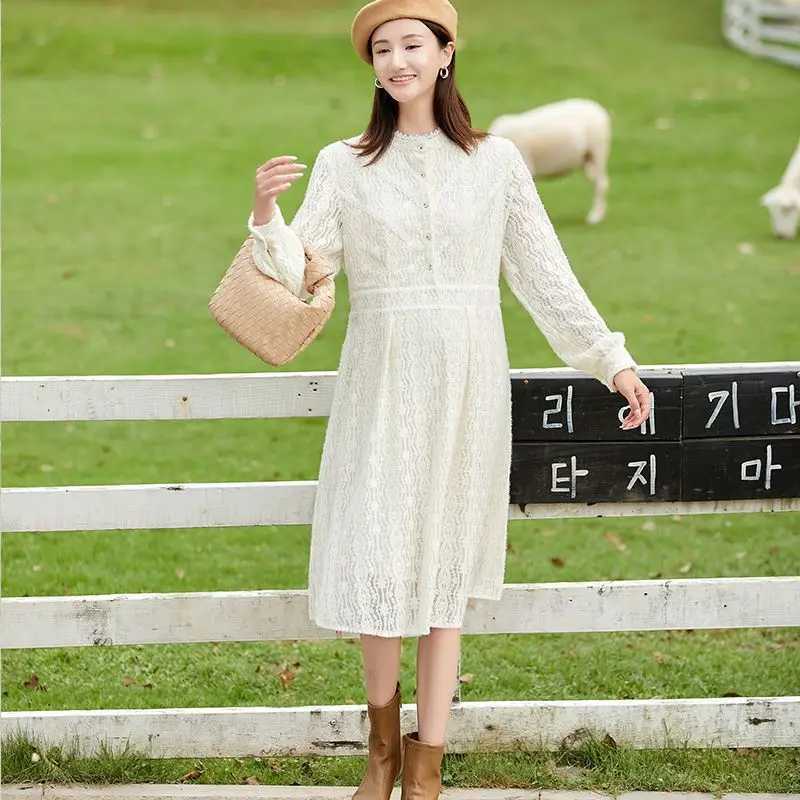 2025 Spring Materni Lace Dress Long Lantern Sleeve Ruffles Collar Pregnant Woman Basic Dresses Pregnancy Par Dress SweetXJ241213
