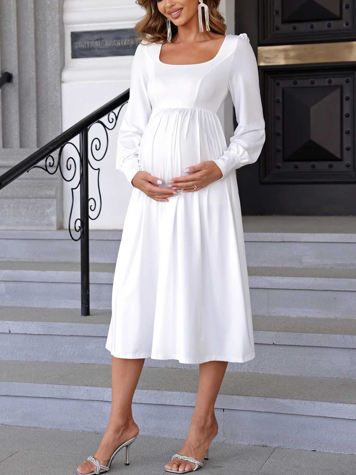ItsRoya Simple Solid White Casual Materni Dress Long Sleeves With Pearl Women Photography Props Dress Ruched Pregnant ClothingXJ241213