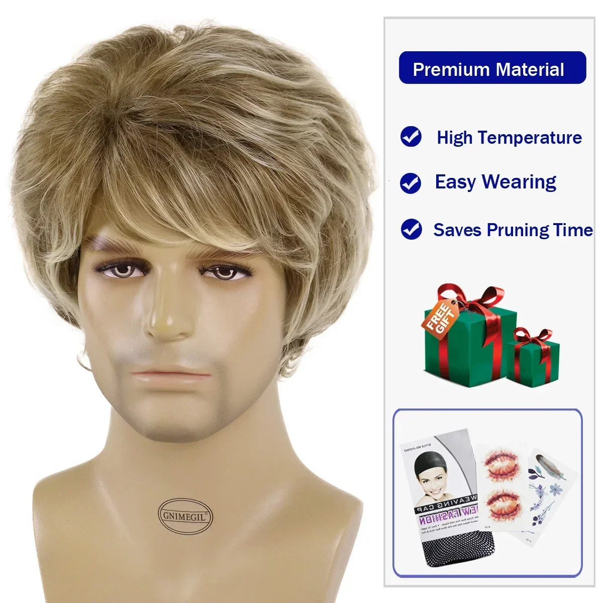 Synthetic Mens Curly Wig Mix Blonde Wigs with Bangs Short Wave Wigs for Men Natural Fluffy Heat Resistant Daily Use false Hair 241213