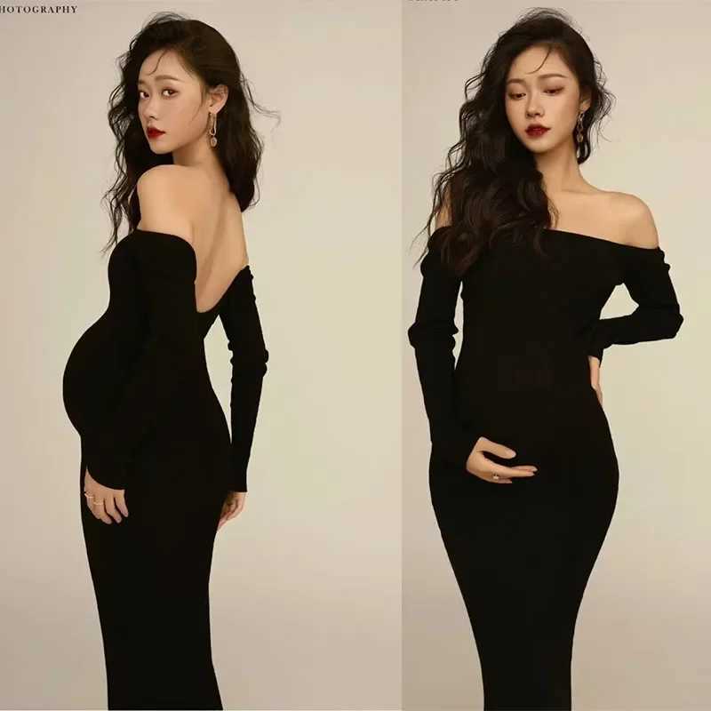 Sepzay Sexy Materni Dresses for Photo Shoot Full Sleeve Backless Pregnancy Clothes Photography Props Knitted Long DressXJ241213
