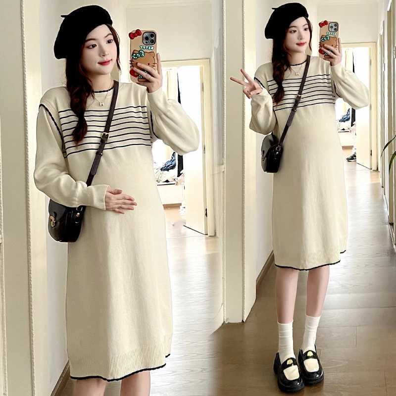 Autumn Loose Pregnant Women Knitted Striped Dress Fashion Materni Straight Dress Knee-length Long Sleeve Pregnancy Midi DressXJ241213