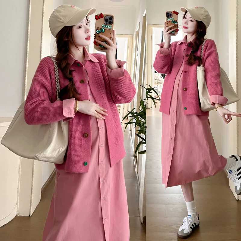 Korean Sle Pregnant Woman Long Sleeve Turn-down Collar Single-breasted Shirts Dress Materni Clothes Pregnancy Cotton DressesXJ241213