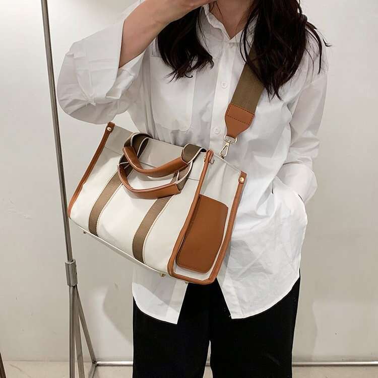 Minimalist Canvas Tote Bag, Women's New Korean Style Trendy Handbag, Contrasting Color Commuting Shoulder Crossbody Bag