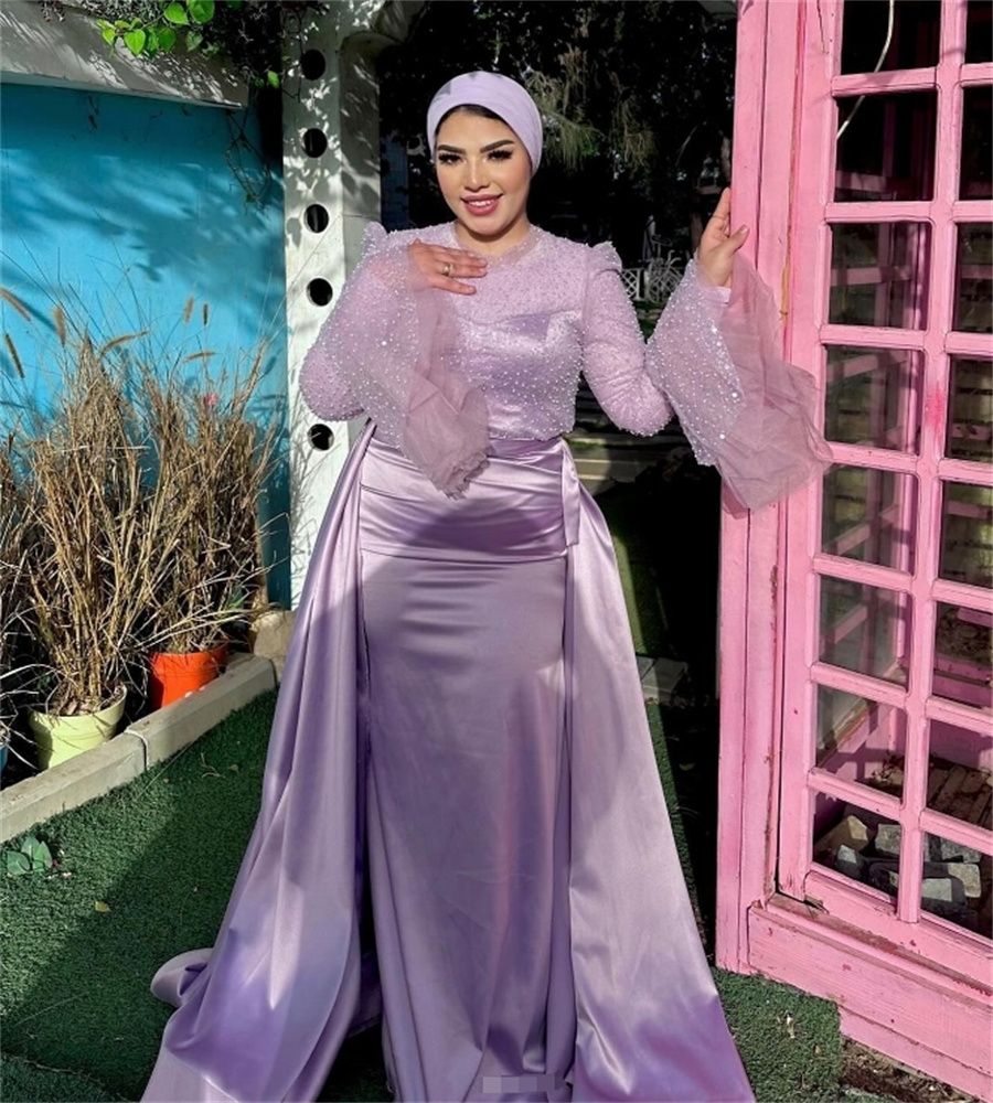 Gorgeous Saudi Arabic Evening Dress Plus Size Overskirt Dubai Muslim Prom Dresses Sequin Long Sleeve Birthday Formal Abaya Event Vestio De Fiesta