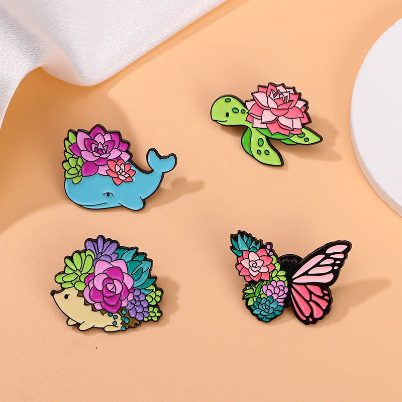 Cute juicy plant enamel brooch cartoon colored animal butterfly turtle hedgehog whale badge spring summer lapel pin 241210