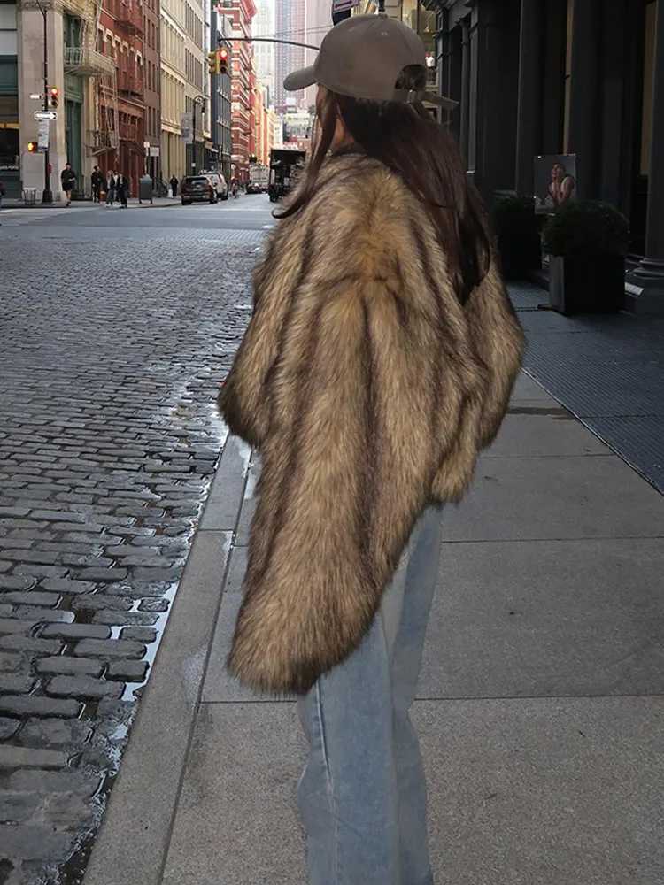 Vintage Faux Fur Coat Women Fashion Round Neck Long Se Furry Warm Cropped Jacket Winter Girls Short Fluffy Strt Outerwear X241214