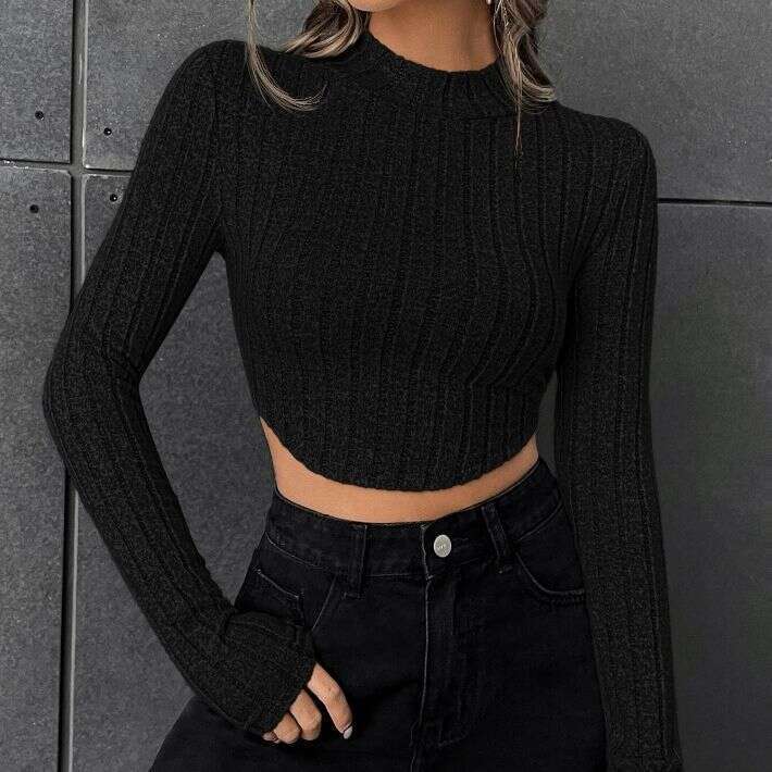 2023 autumn new product European and American short women's sexy color pit stripe exposed navel long sleeved base T