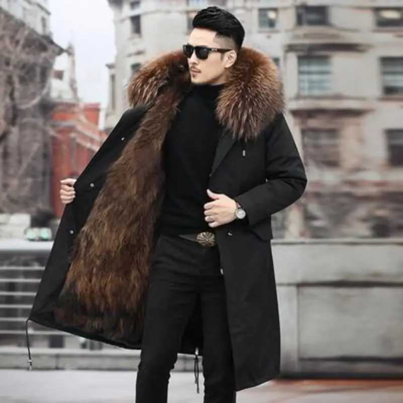 Fur Lined Parkas Men Faux Fur Coat Big Size Hooded Warm Long Fox Fur Coat Snowsuit High Quality Men Clothing Zipper Long Sleeve W241213