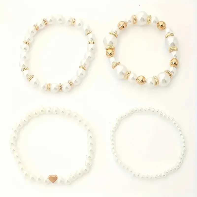 New 4 Pcs/Set imitation Pearl Beaded Bracelets Set for Women Fashion Gold Color Heart Big Pearl Bracelet Tren Jewelry GiftsXJ241214