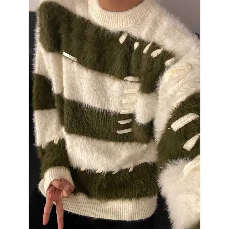 American soft mink mens sweater loose and lazy design high street striped contrast knit sweater fashionable W241213