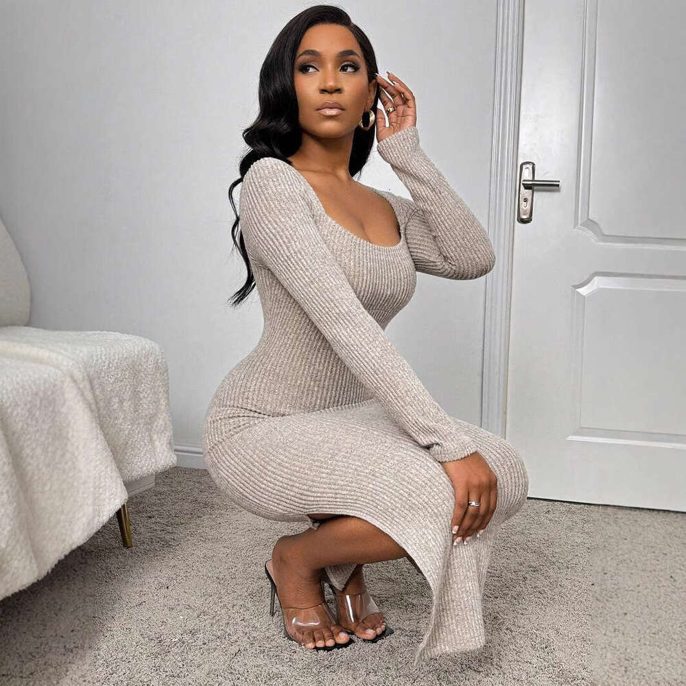 2024 autumn and winter new French square collar waist cinched hem slit sexy long sleeved dress for women