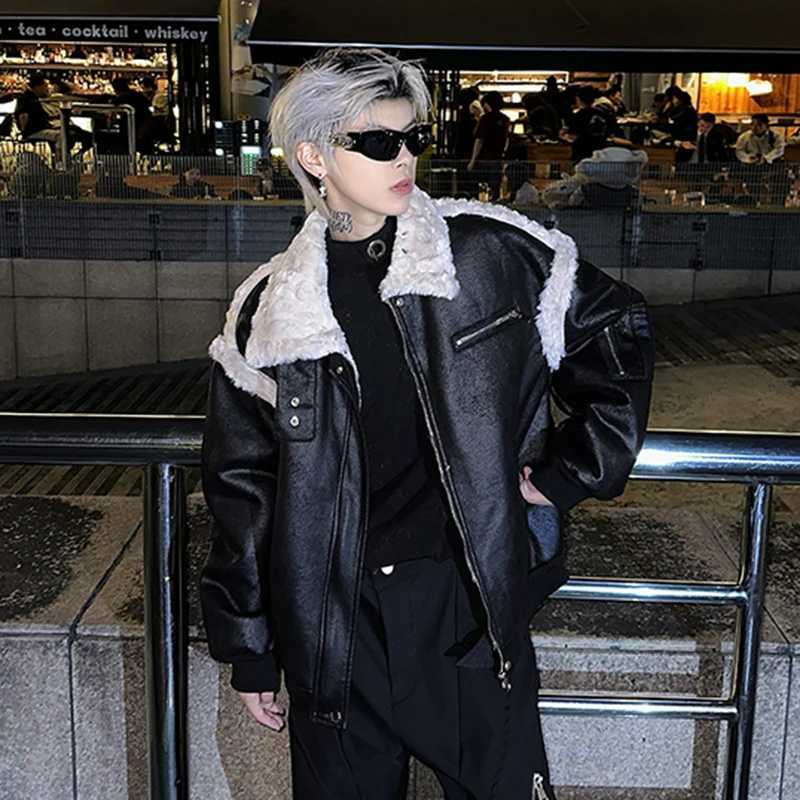 IEFB High Street Mens Jacket PU Leather Cashmere Patch Work Collar Thick Loose Street Clothing Mens Coat New 9C8333 W241213