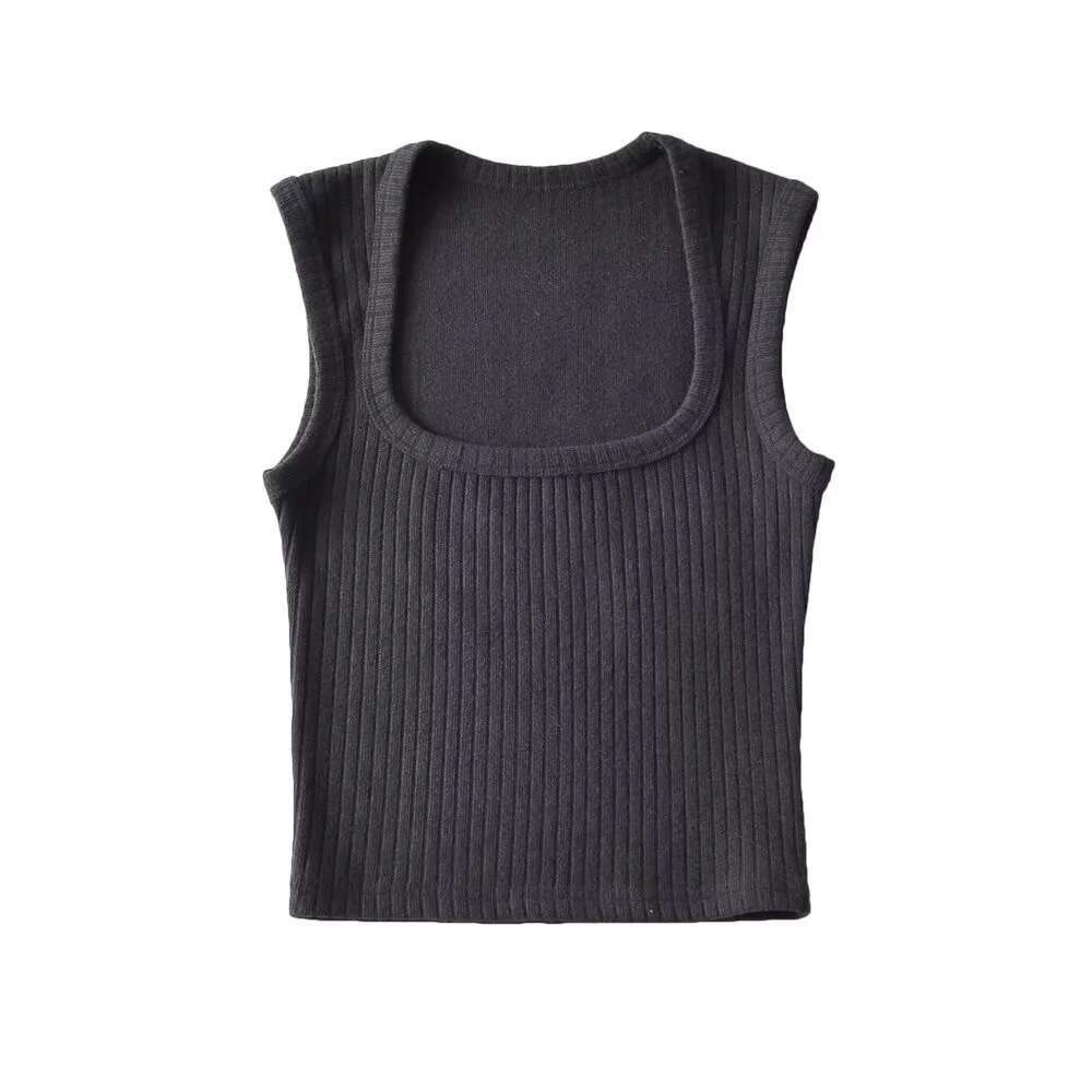 Summer Spicy Girl Sexy Tight Square Neck Cashmere Texture Women's Elastic Slim Short Tank Top 2024 New Style Stylish and Elegant Clothing