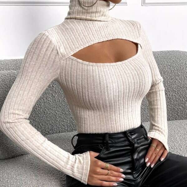 2023 Autumn Style Front Chest Hollow High Neck Pit Strip Scratch Hair Base Long Sleeve T-shirt